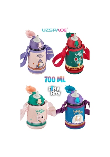 Uzspace 700 Ml Kılıflı 2 Ayrı Kapaklı Pipetli/pipetsiz Tritan Çocuk Su Matarası