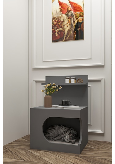Kedi Evi Komodin,pet Komodin,yıkanabilir Minderli,antrasit Gri