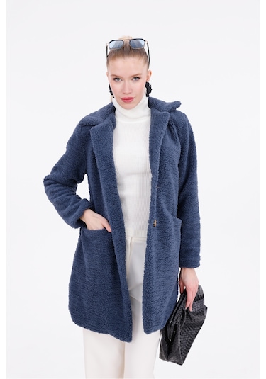 Düğmeli Cepli Kadın Peluş Kaban İndigo