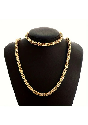 Gold Renk Tamamı Saf Çelik Kral Model Erkek Kolye Bileklik Set 4m