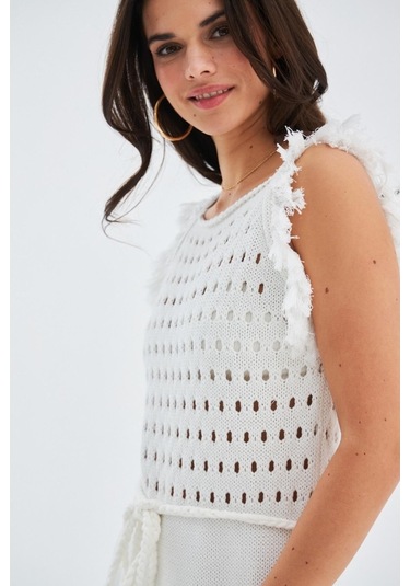 Peraluna Mıyokı Dress %100 Pamuk Diz Hizası Yazlık Kadın Triko El Kırık Beyaz