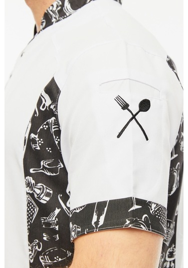 Uniprom Kısa Kollu Aşçı Ceketi Önlük Nakışlı Cepli Şef, Garson Beyaz-siyah