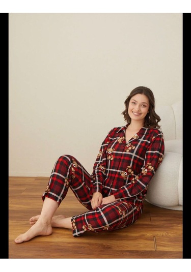 Boyraz Süet Düğmeli Uzun Kol Pijama Tk Kırmızı
