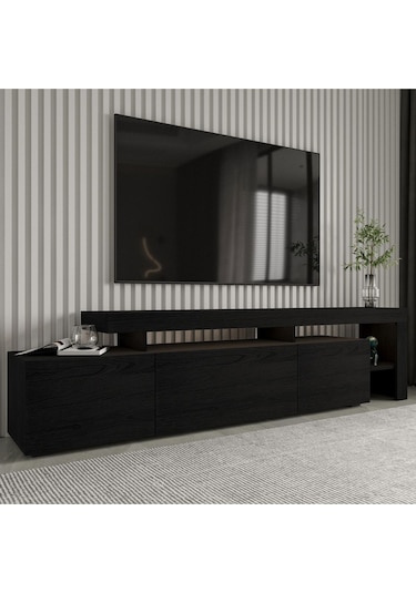 Beliz Modern LED Işıklı 3 Kapaklı, Raflı TV Sehpası – 192 cm, Ahşap Siyah