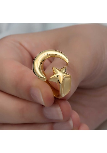 Hedivio 925 Ayar Gümüş Gold Ay Yıldız Kadın Yüzük
