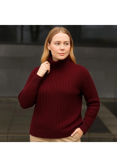 Balıkcı Yaka Bağazlı Triko Kazak Pamuklu Kalın Fitilli Dokuma - Bordo Bordo
