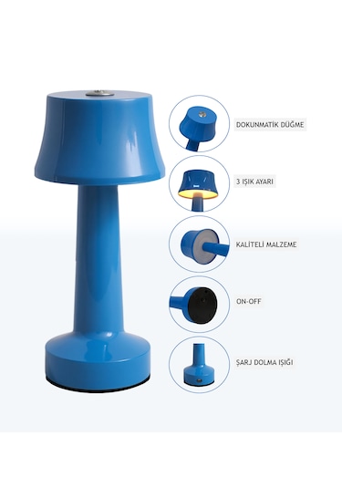 Zenlight Metal Dokunmatik Şarjlı Masa Lambası 320-3 Mavi