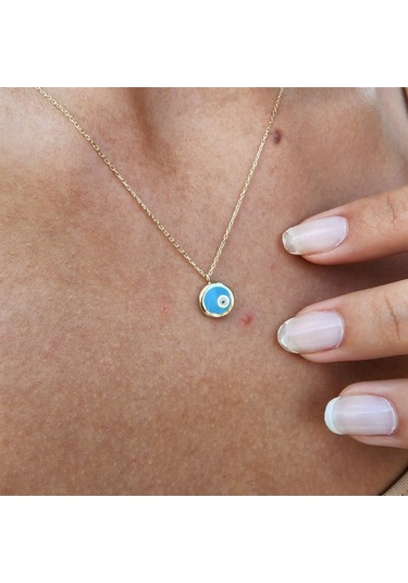 Ala Turkuaz Firuze Mineli Nazar Boncuğu Göz Tasarım Taşsız Modern Hediye Tarz 14 Ayar Altın Kolye