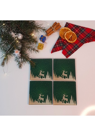 Decorita Cam Bardak Altlığı Yeni Yıl Yeşil Silüet 4'lü Takım Yeşil