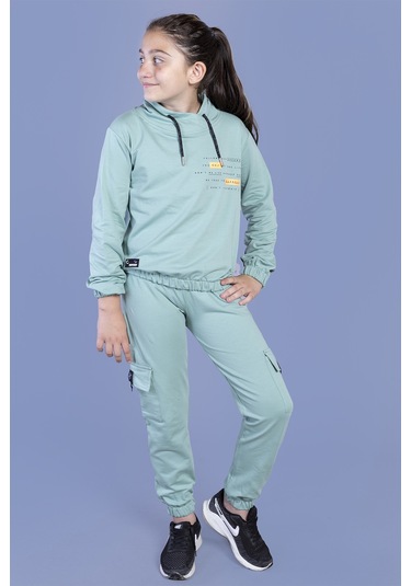 Toontoy Kız Çocuk Baskılı Balıkçı Yaka Eşofman Takımı Yeşil