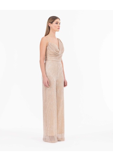 Degaje Yaka Tam Boy Askılı Abiye Tulum-gold Gold