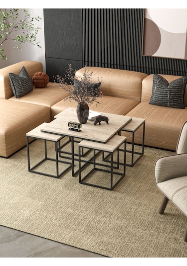 Orta Sehpa Ve Zigon Sehpa 5'li Lüx Set Traverten Bej