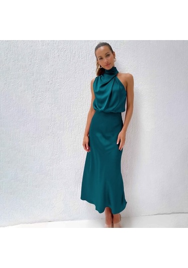 Novahub Kadın Yaz Gece Elbisesi Kolsuz Zarif Halter A-line Yüksek Bel Uzun Elbiseler Düz Renk Göl Mavisi - L Göl Mavi