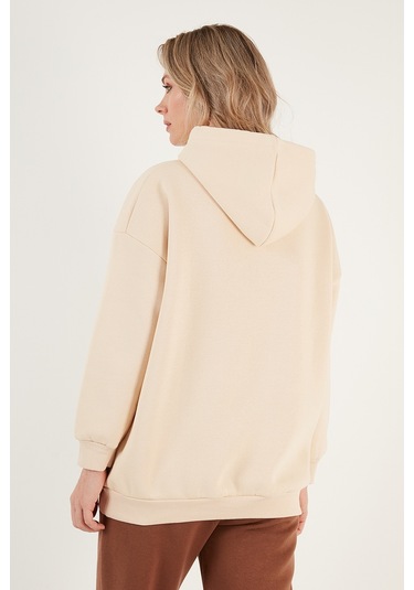 Lela Regular Fit Pamuklu Kapüşonlu Yaka Şardonlu Kışlık Bayan Sweat 5863854 Bej