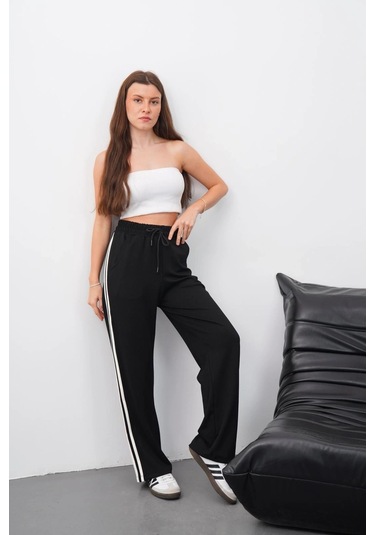 Yandan Çift Şeritli Pantolon Siyah Siyah