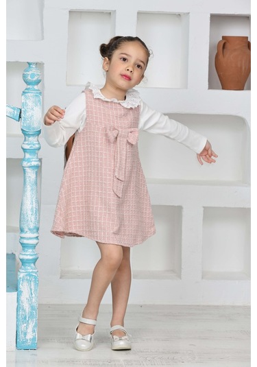 Kız Çocuk Şanel Kumaş 2'li Elbise Elbise+bady Bluz 12174 Gülkurusu