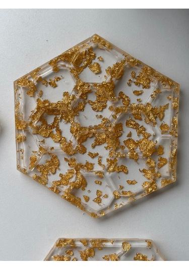 Epoksi Reçine Bardak Altlığı - 4'lü Takım - Altın Varaklı Altın