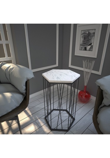 Cetrus Beyaz Mermer Yan Sehpa & Servis Sehpası Metal Marmo