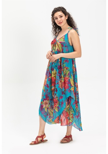 Askılı Vual Afrodit Midi Boy Elbise Turkuaz 6138