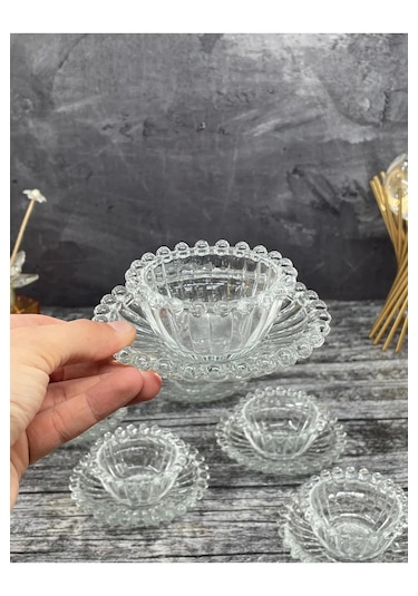 12 Parça 6 Kişilik Boncuklu Cam Kase Kahvaltılık Tabak Çerezlik