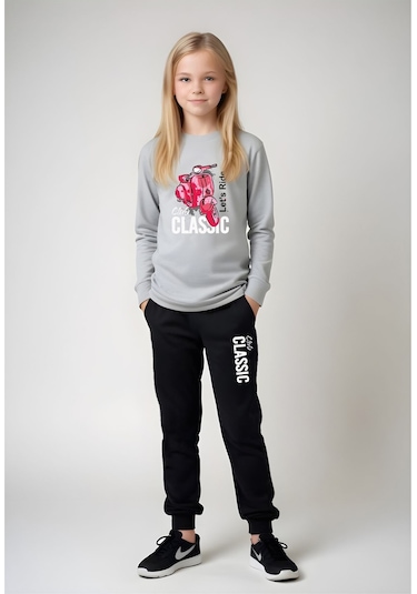 Fyk Kids Kız Çocuk Pembe Motor Baskılı Bel Detayı Lastikli Alt-üst Pijama Takımı Gri