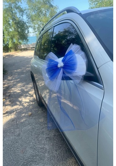 10 Adet Beyaz Mavi Kristal Tül Beyaz Latex Gül Kuyruk Detaylı Düğün Nikah Kına Sünnet Konvoy Süsü Beyaz Mavi