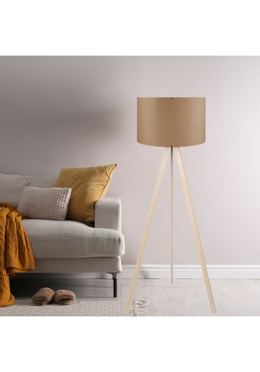 Pratik Ahşap Krem Üç Ayaklı Tripod Lambader Kahve Kumaş Başlık Salon Oturma Odası Köşe Lambası Kahve