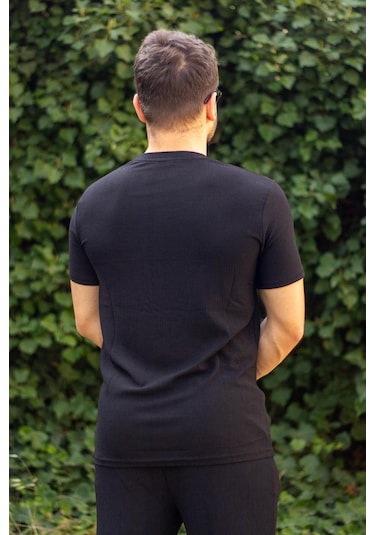 Erkek Siyah Krep Kumaş Rahat Salaş Esnek Bisiklet Yaka T-shirt 23etshtarp 001