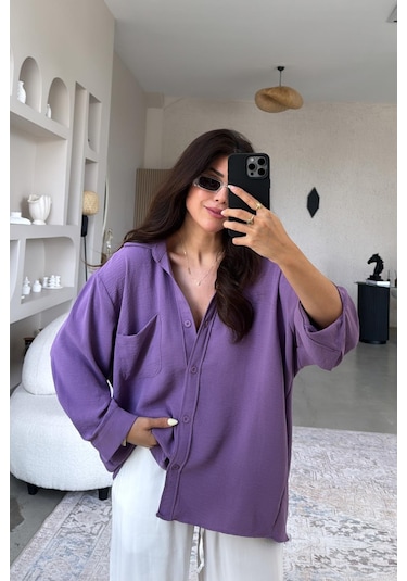 Paw Garage Kadın Flory Ayrobin Oversize Tek Cep Gömlek Mor