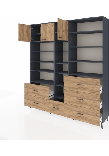 Hyperion Dolap 17 Raflı 6 Çekmeceli 3 Kapaklı 220x44x243 Antrasit-çam/çam Atlas Çam/atlas Çam