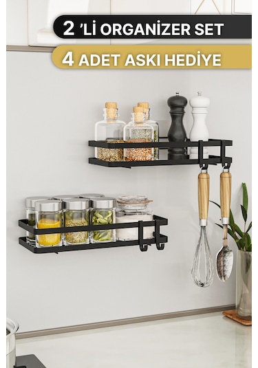 Bino Mutfak Rafı 2'li Set Yapışkanlı Lüks Modern Siyah Metal Baharatlık Rafı Organizer Düzenleyici Siyah