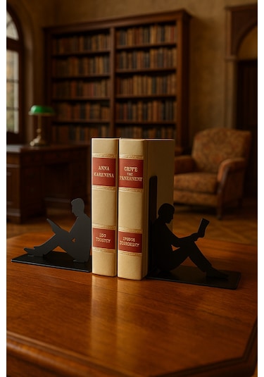 Dekoratif Metal Kitap Tutucu Okuyan Kadın Ve Erkek Figürlü 2'li Set Masa Üstü Kitaplık Düzenleyici