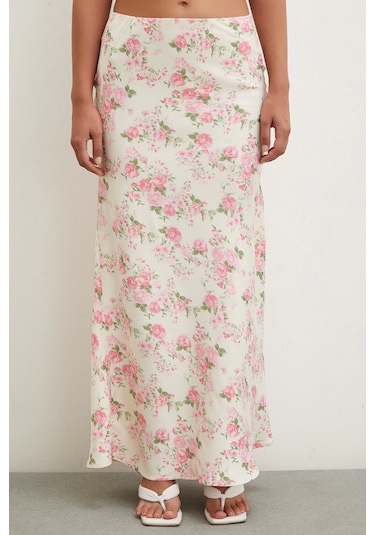 Never More Çiçek Desenli Saten Etek Lila