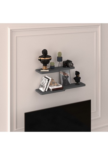 Doğal Modern Organizer Düzenleyici 2'li Kıvrımlı Dekoratif Kitaplık Banyo Mutfak Duvar Rafı Antrasit