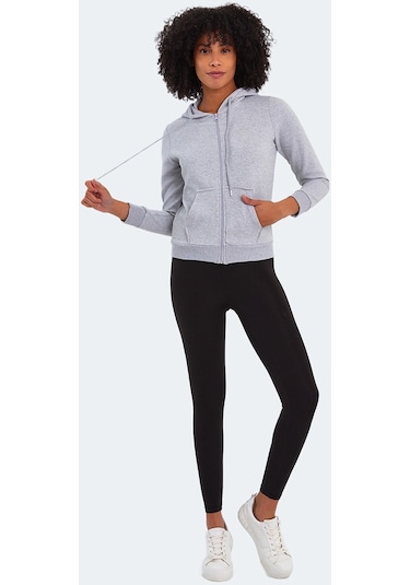 Slazenger PEMA I Kadın Fermuarlı Kapüşonlu Cepli Gri Sweatshirt