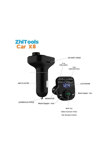 Zhltools Car X8 Otomobil Fm Transmitter Bluetooth Usb Mp3 Sd Kart