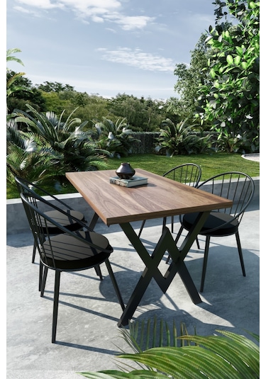 Evdemo Eylül 4 Kişilik Balkon Bahçe Masa Takımı Ceviz - Siyah