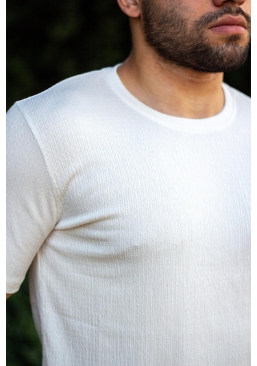 Erkek Beyaz Krep Kumaş Rahat Salaş Esnek Bisiklet Yaka T-shirt 23etshtarp 001