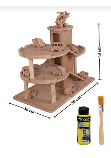 Ahşap Oyuncak Otopark + 6 Adet Oyuncak Araba + 1 Adet Helikopter