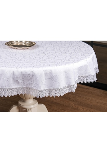 Finezza Duygu Güpürlü Jakar Kumaş Beyaz Masa Örtüsü 160cm Yuvarla