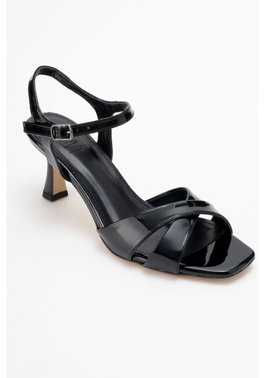 Melin Siyah Rugan Çapraz Bantlı Kadın Topuklu Ayakkabı Siyah Rgn