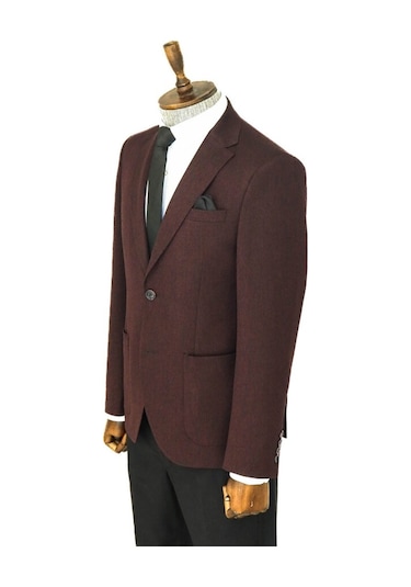 Kendinden Desenli Slim Fit Sivri Yaka Bordo Erkek Ceket 001
