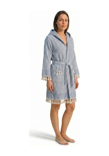 Kapşonlu Unisex Peştemal Plaj Bornozu %100 Pamuklu Seaside Stripe Mavi