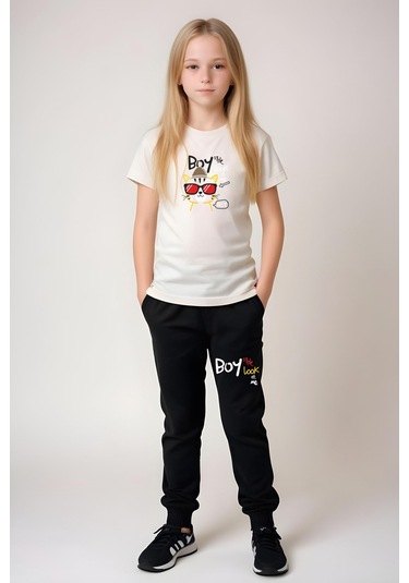 Fyk Kids Kız Çocuk Yuvarlak Yaka Baskılı Boy Cat Alt-üst Pijama Takımı Ekru