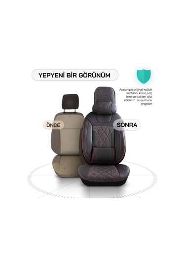 Panda Marmaris Serisi Keten Kumaş Oto Koltuk Kılıfı - Siyah - Kırmızı