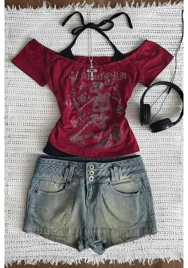 Bordo Skeleton Madonna Yaka Ek Askılı Gotik Y2k Kısa Kollu Full Body Crop-18350 Bordo