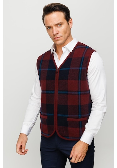 Erkek V Yaka Önü Kareli Yelek Bordo Bordo
