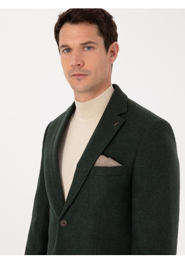 Cacharel Haki Slim Fit Yün Karışımlı Mikro Desenli Ceket Yesıl