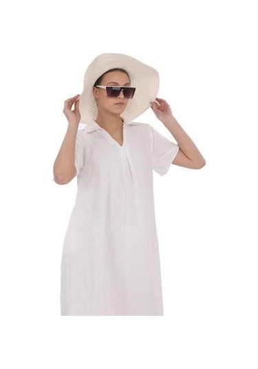 Yarım Kol V Yaka Keten Elbise-9164 Beyaz