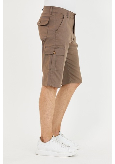 Erkek Kargo Yandan Cepli Esnek Kumaş Slim Fit Kapri Şort Açık Kahve Açık Kahverengi